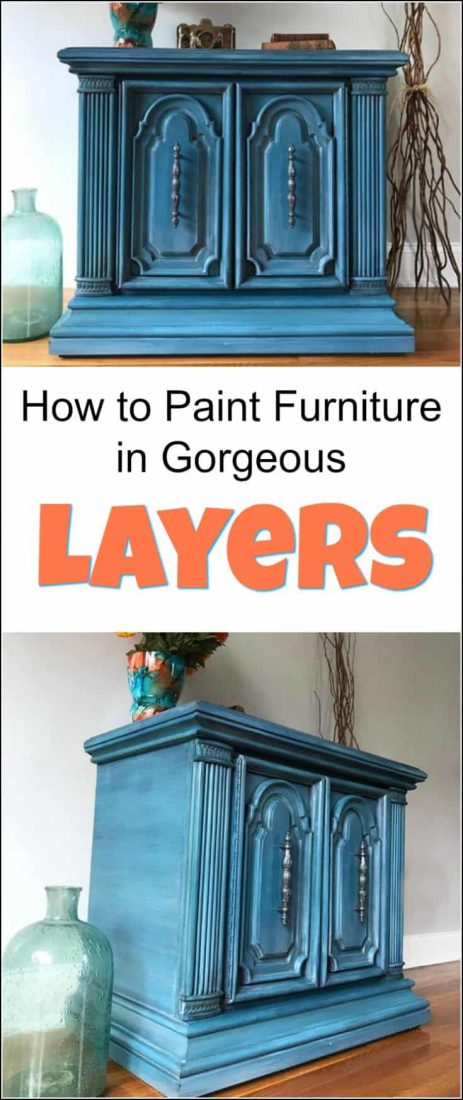 Goodwill accent table gets a makeover. See how to paint furniture with layers on this ornate vintage cabinet in shades of blue. #paintedfurnitureideas #paintedfurnituretechniques #layeringpaintonfurniture howtopaintlayers #furniturepaintingtechniques #bluepaintedfurniture #lightbluepaintedfurniture