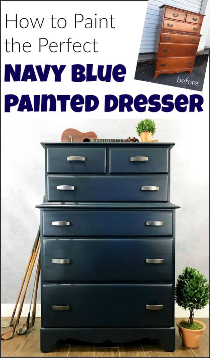 Add a masculine touch to an old vintage dresser with paint. A painted navy blue dresser is the perfect masculine painted furniture makeover. #paintedfurniture #bluepaintedfurniture #bluedresser #bluepainteddresser #navybluedresser #bluepaintedfurniture #darkbluepaintedfurniture #bluepaintedfurnitureideas