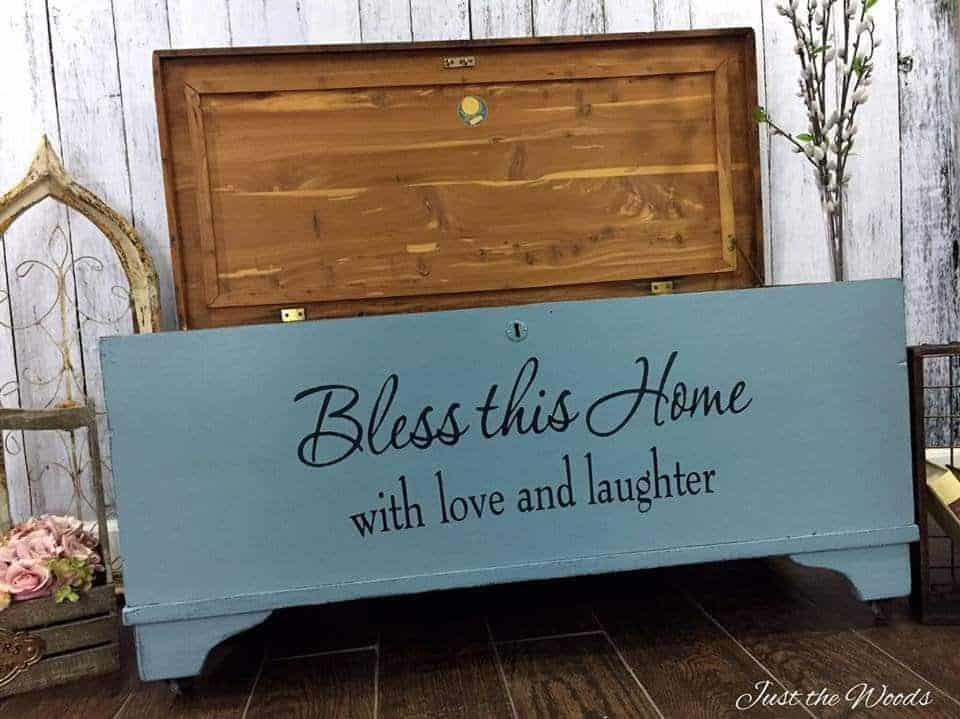 reverse stencil, stencil in painted chest, painted cedar chest