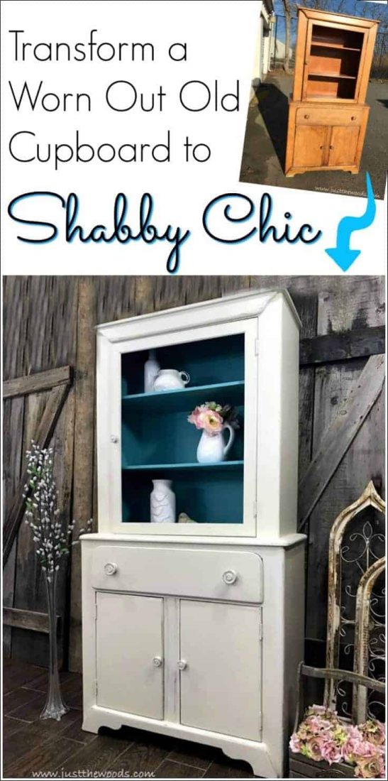 A vintage cupboard with damage and grease has been cleaning up and transformed into a painted shabby chic cabinet with a pop of color inside. Off white, distressed and tiffany blue give this old piece of furniture a whole new look. |shabby chic furniture | painted shabby chic cabinet | shabby chic painted furniture |