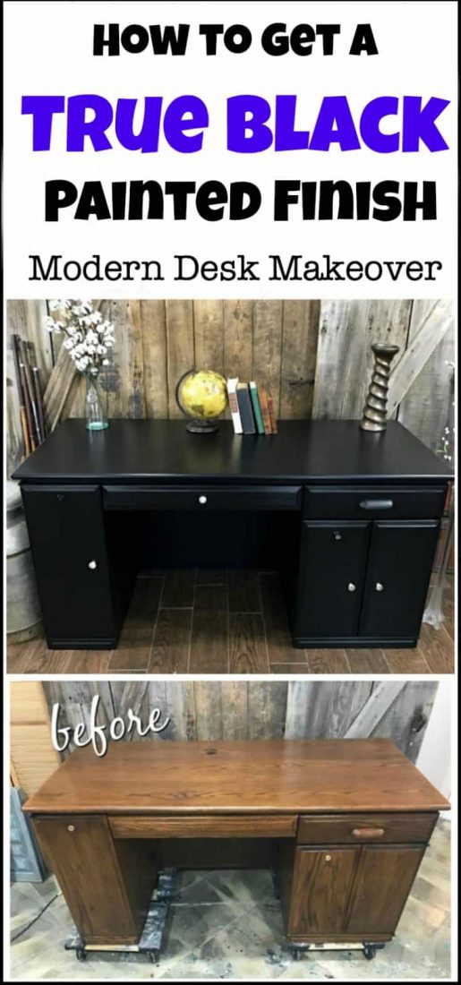 Painting your furniture gives you the look that you want for less the cost. This painted desk makeover went from dated to modern in a true black finish with no distressing. modern desk makeover in matte black chalk type paint. painted furniture, black painted furniture, painted desk, furniture makeover, painted furniture before and after, black chalk paint