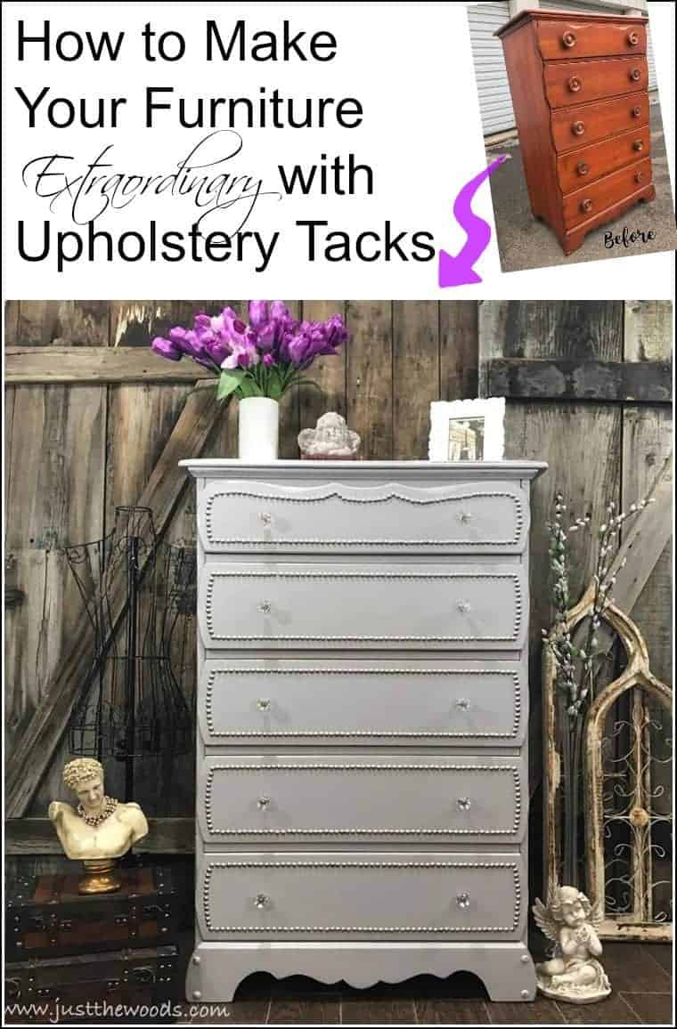 how-to-update-furniture-with-upholstery-tacks Add upholstery tacks to painted furniture for decorative nailhead trim. See how to create a decorative trim using decorative upholstery tacks on this painted dresser with clear crystal knobs. Vintage dresser makeover with nailhead trim. Add upholstery tacks to painted furniture drawers for an added upscale look. #upholsterytacks #paintedfurniture #decorativeupholsterytacks #nailheaddresser #furnituremakeover #embellishfurniture