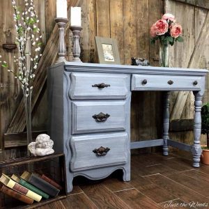 vintage-painted-gray-desk, pillar candles, staging furniture, painted desk