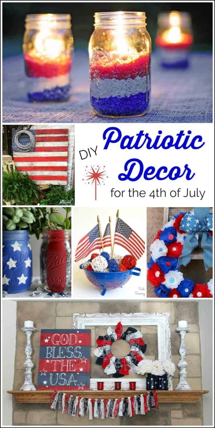 Easy DIY Patriotic Decor for the 4th of July, red, white and blue candles, pallet flag, mason jar projects, patriotic door decor, USA sign, mantel decor