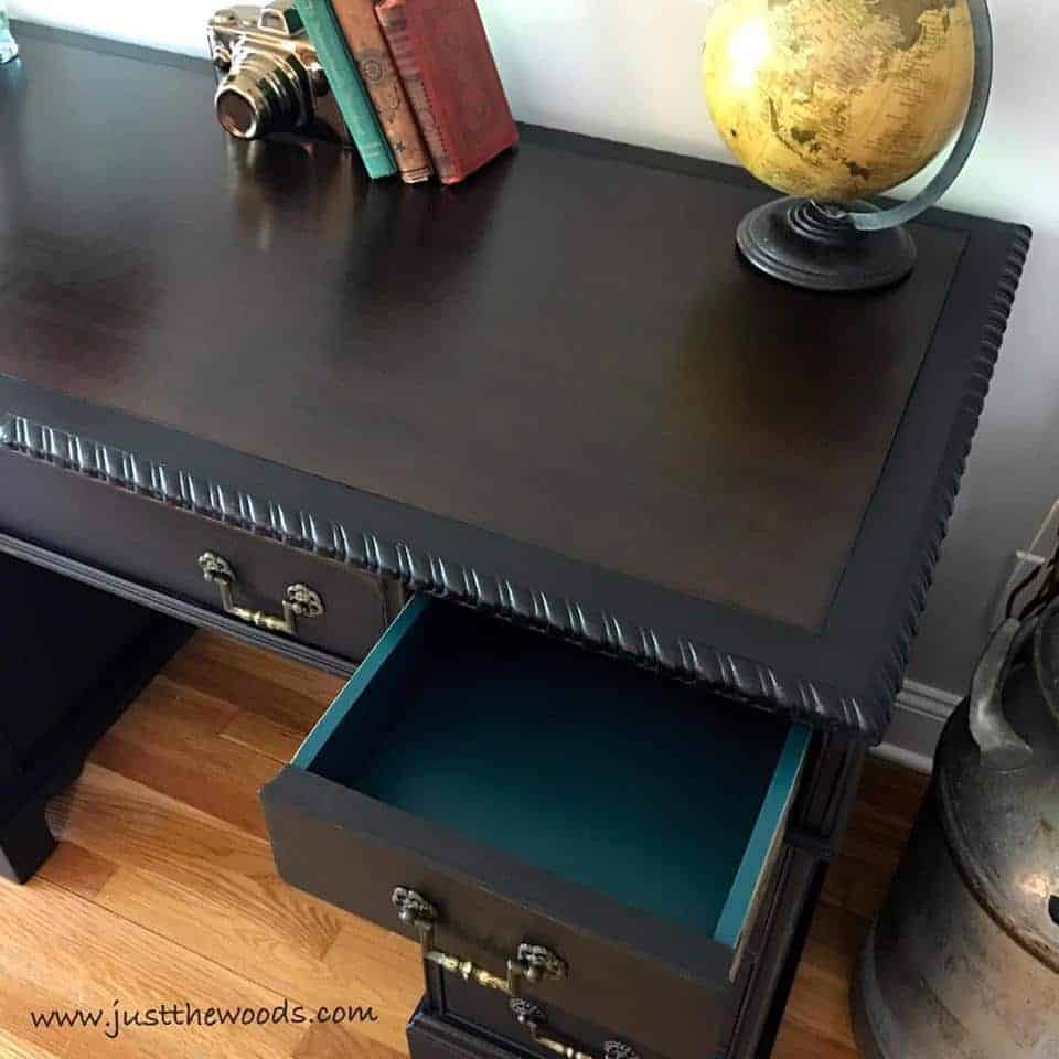 How to Save the Leather Top on a Vintage Desk / dark stain on vintage leather desk / non toxic paint / new york / shabby chic / painted furniture