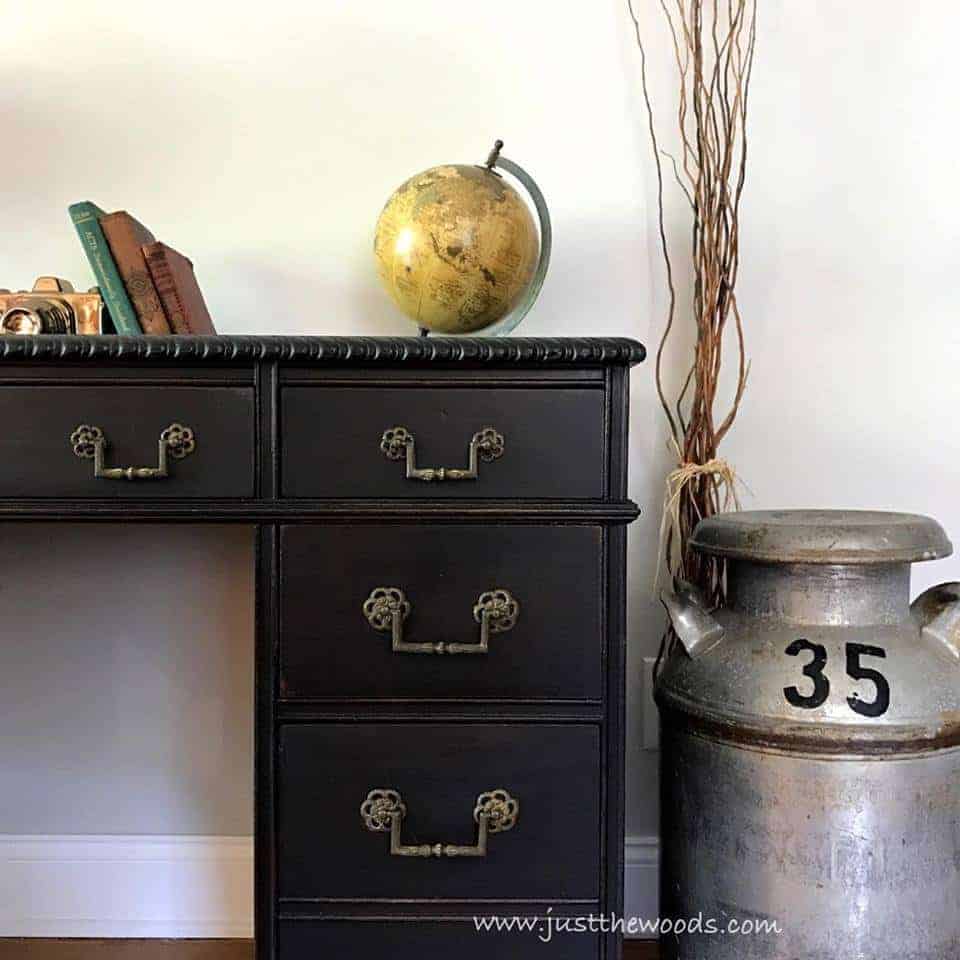 How to Save the Leather Top on a Vintage Desk / vintage milk jug / black painted desk / vintage desk