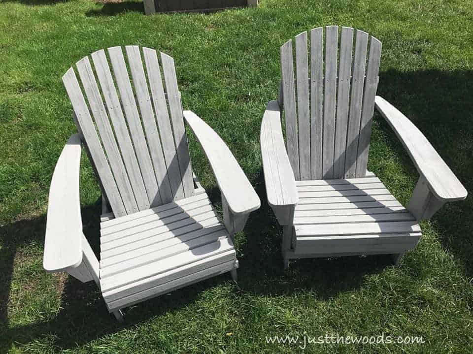 Painting Outdoor Adirondack Chairs , painted chairs in yard, green grass, gray chairs