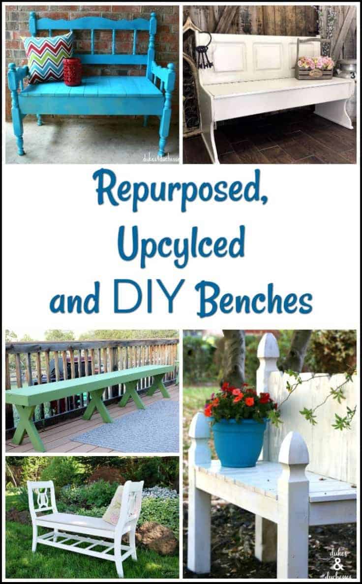 Build your own bench, upcycle an old headboard or if you prefer painted furniture this collection of repurposed, upcycled & DIY benches has it all. #howtobuildabench #howtomakeabench #paintedbenchideas #DIYbenches #benchplans #farmbench #DIYoutdoorbench #DIYbenchseat #buildingabench #DIYbench