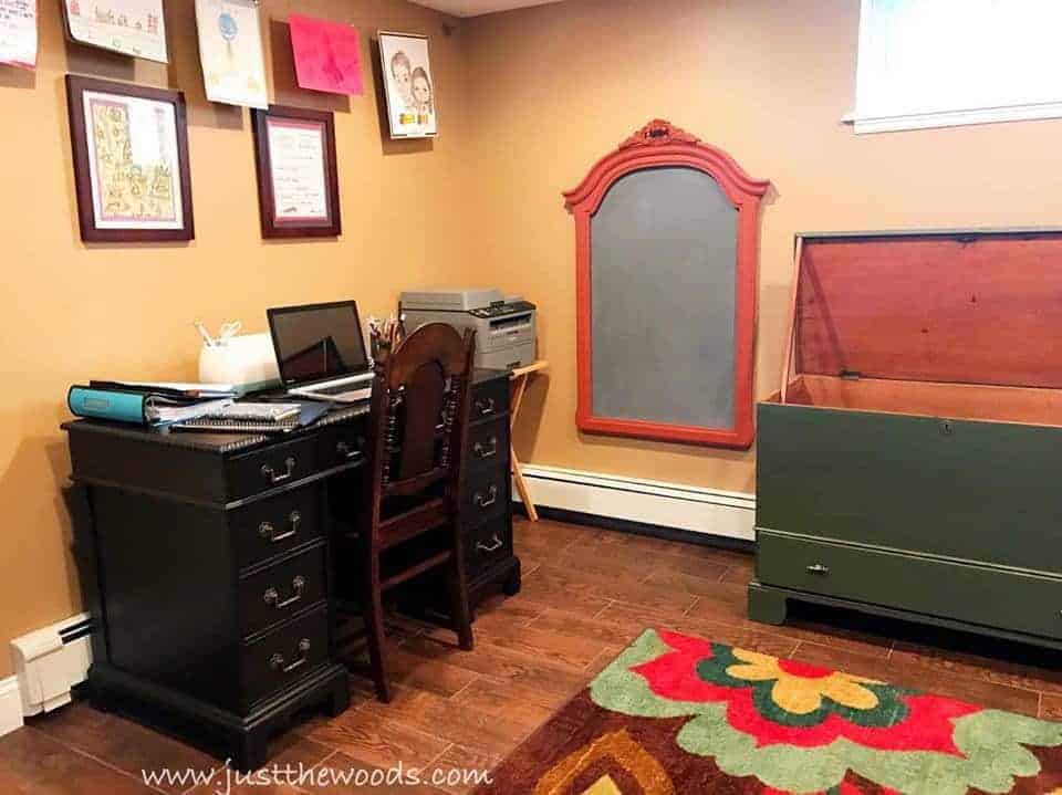 chalkboard from old frame, vintage desk, antique storage trunk to toy box, diy chalkboard with paprika frame