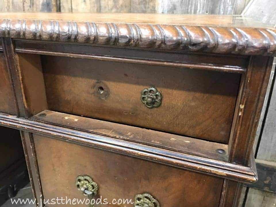 How to Save the Leather Top on a Vintage Desk / vintage desk / no drawer stoppers / drawers push in too far / vintage furniture