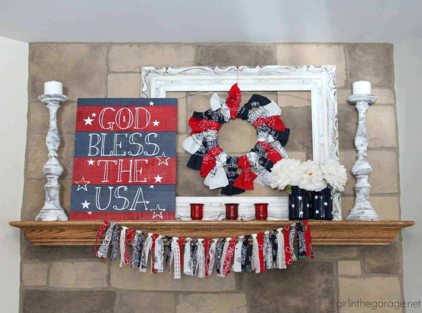 Easy DIY Patriotic Decor for the 4th of July, red, white and blue candles, pallet flag, mason jar projects, patriotic door decor, USA sign, mantel decor