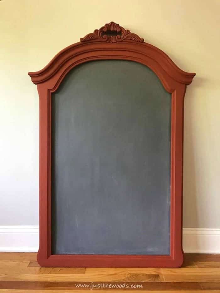 DIY chalkboard from empty mirror frame, ornate frame painted brick orange