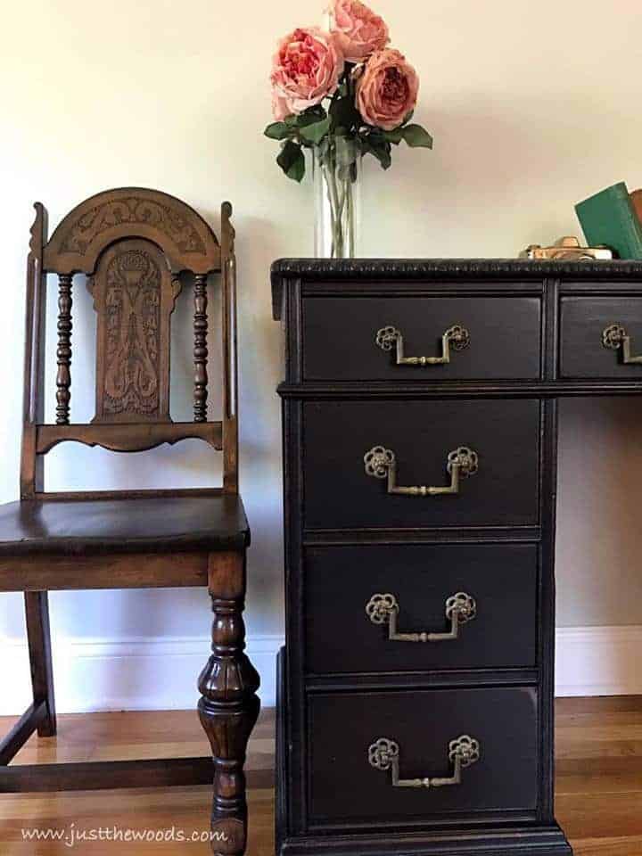 How to Save the Leather Top on a Vintage Desk / black painted desk / vintage desk / vintage chair/ jacobean chair / chunky legs