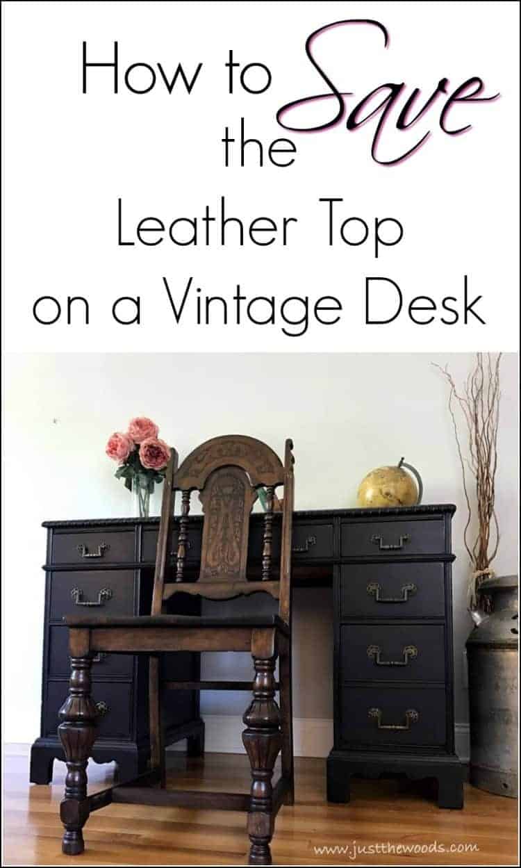 Save the Leather Top, antique leather inlay desk, vintage desk with damaged leather top, save leather with stain, black painted desk