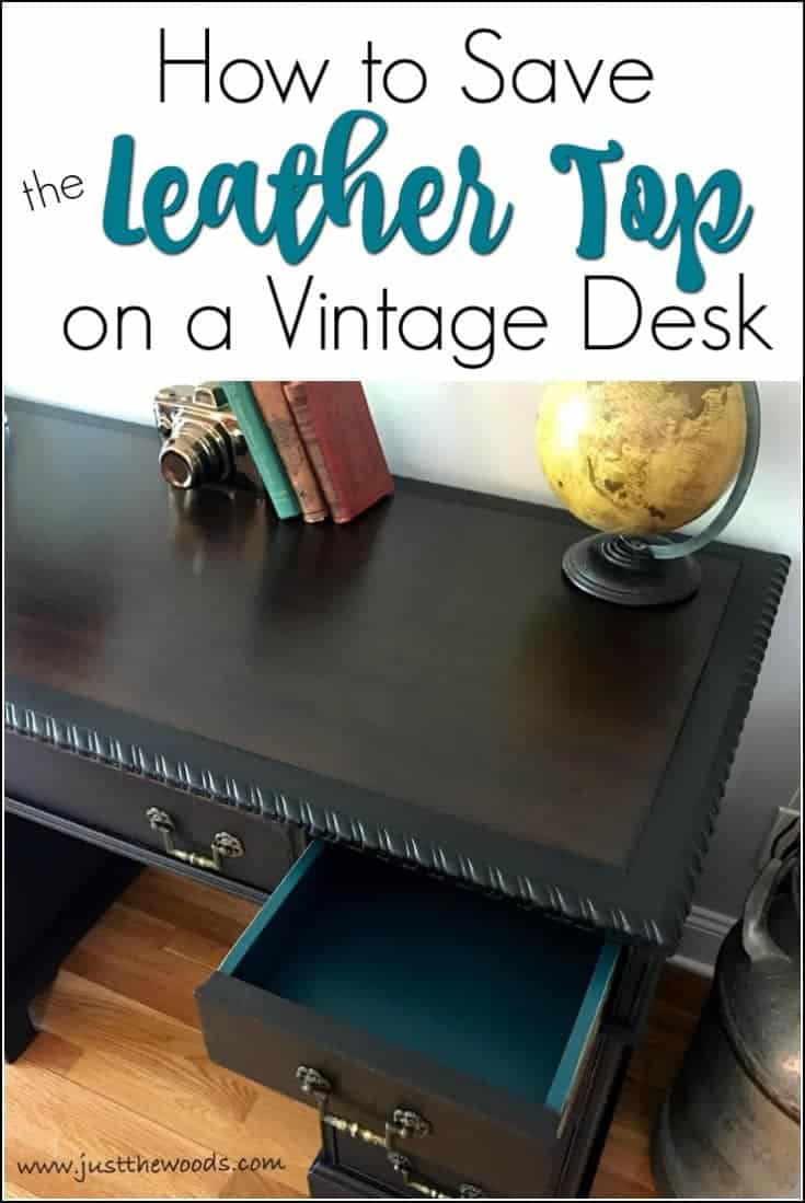How to save the leather top on a vintage desk or any vintage furniture. Preserve that original leather and hide imperfections with a protective stain. Yes, you can paint leather, in fact, you can even apply stain on leather top furniture. This painted desk is saved and the leather inlay preserved by cleaning the leather and then applying a dark stain for a beautiful finish.