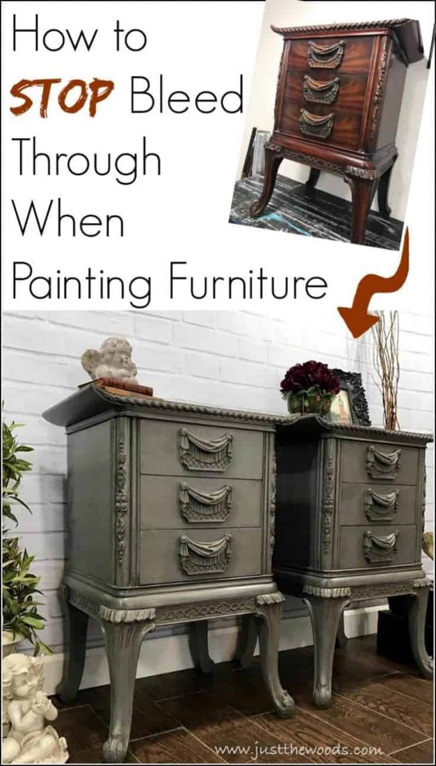 Just the Woods shares a painted furniture makeover where mahogany wood bled through. See how to stop bleed through without using primer.