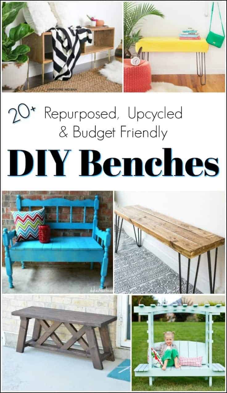 Build your own bench, upcycle an old headboard or if you prefer painted furniture this collection of repurposed, upcycled & DIY benches has it all. #howtobuildabench #howtomakeabench #paintedbenchideas #DIYbenches #benchplans #farmbench #DIYoutdoorbench #DIYbenchseat #buildingabench #DIYbench