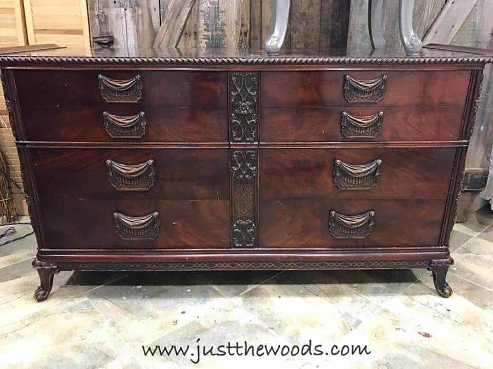 How to Glaze Furniture for an Old World Finish by Just the Woods / vintage mahogany dressers / painted gray / black glaze