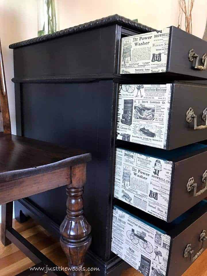 How to Save the Leather Top on a Vintage Desk / decoupage on drawer sides / vintage newspaper print on outer sides of drawers on black painted desk