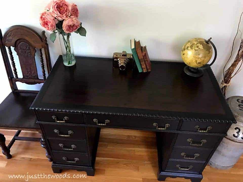 Leather Top on a Vintage Desk / dark espresso stain on leather top desk / black painted desk with leather top / jacobean chairs