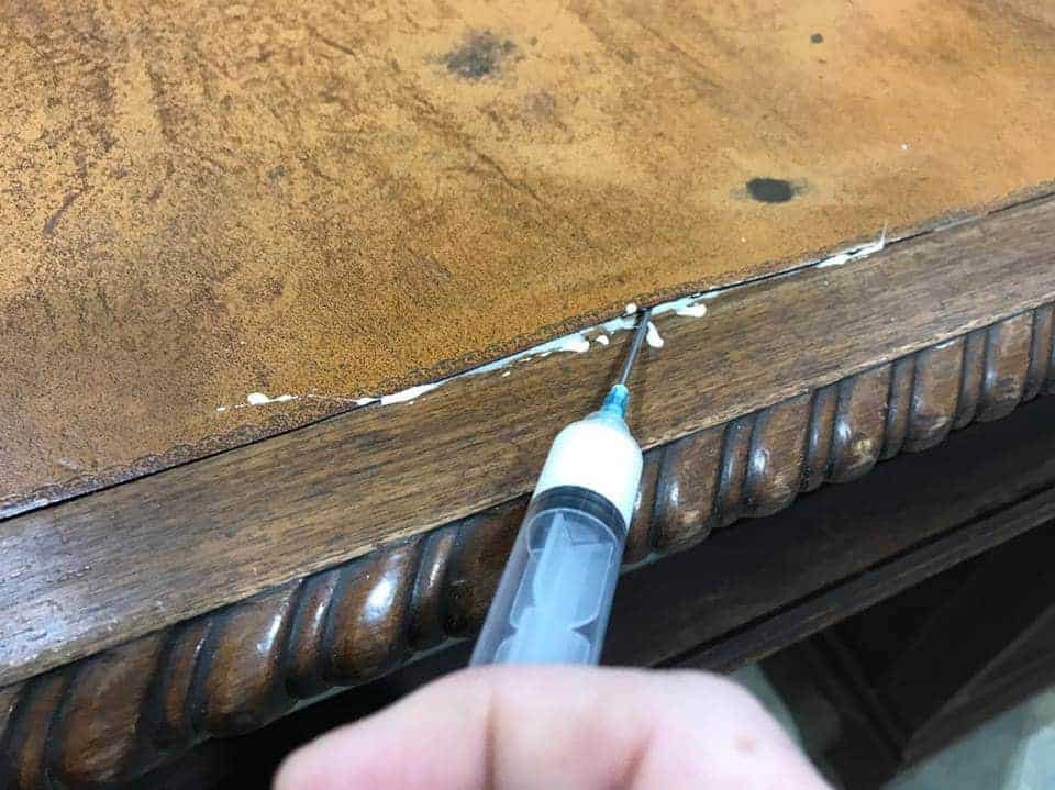 How to Save the Leather Top on a Vintage Desk / repair separating leather with wood glue in a syringe