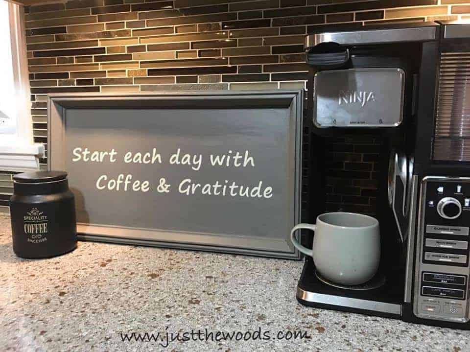 How to Make a Coffee Bar Sign from a Thrift Store Find / Just the Woods, coffee and gratitude, stencil, cricut