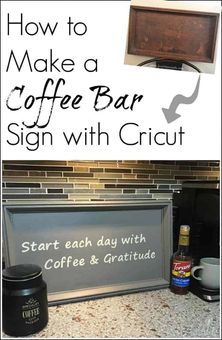 Transform a thrift store find into a useful coffee bar diy sign using the Cricut Explore Air. Make your own stencil and create a custom sign for your decor. #diysign #stencilsign