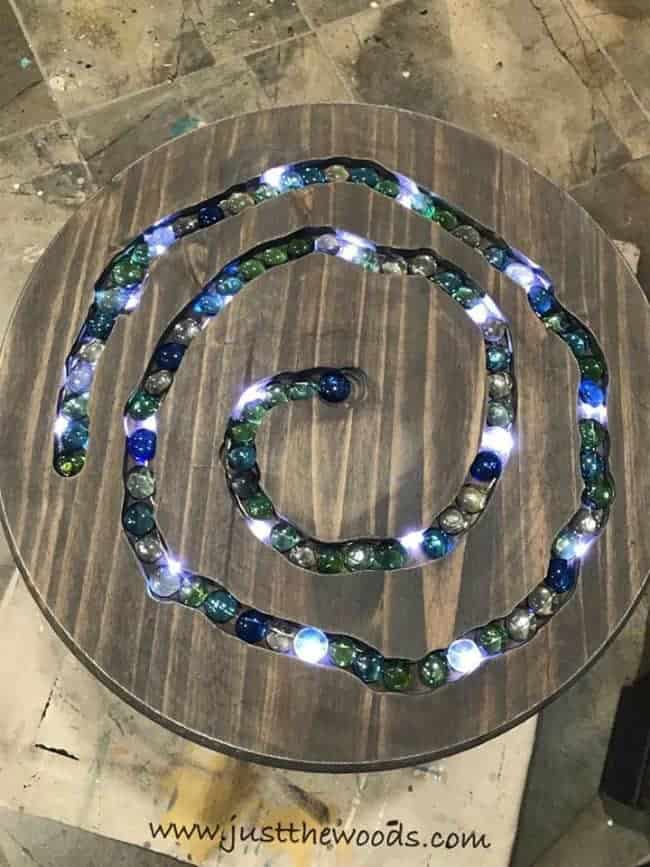 mosaic table, mosaic gems, glass gems, led lights, diy table