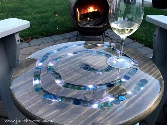 diy mosaic table with led lights, fireside table, wood table with stones