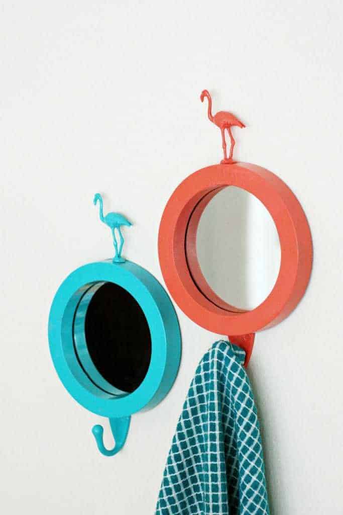 flamingo mirrors, teal and orange paint, diy mirrors