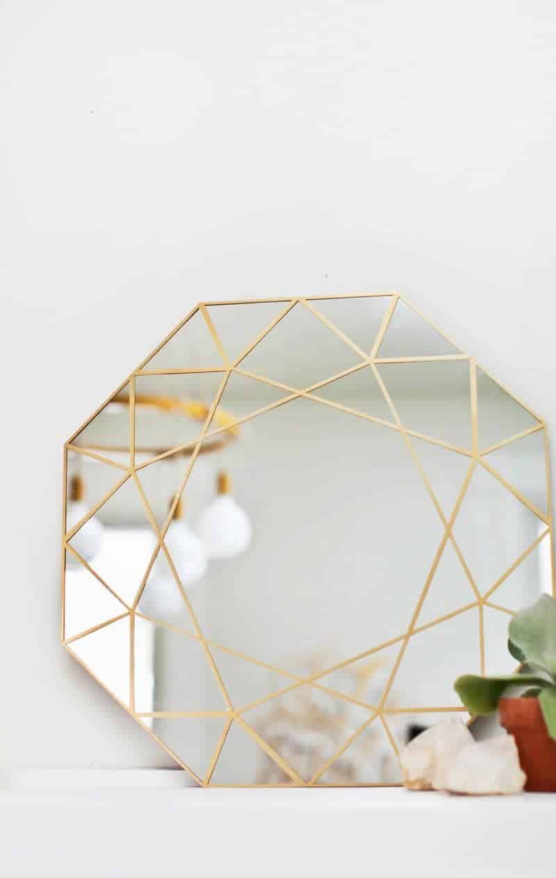 diy mirror, gem mirror, gold trim mirror