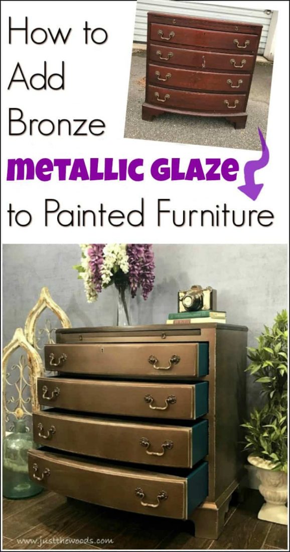 Glam up your painted furniture with bronze metallic glaze. Add a metallic glaze to a painted chest using the Finish Max Super paint sprayer by HomeRight. By distressing the metallic finish you create a worn metallic for a one of a kind look. painted furniture, how to paint furniture, metallic painted furniture, paint sprayer, furniture painting ideas, furniture makeover, metallic bronze painted furniture, painted furniture ideas