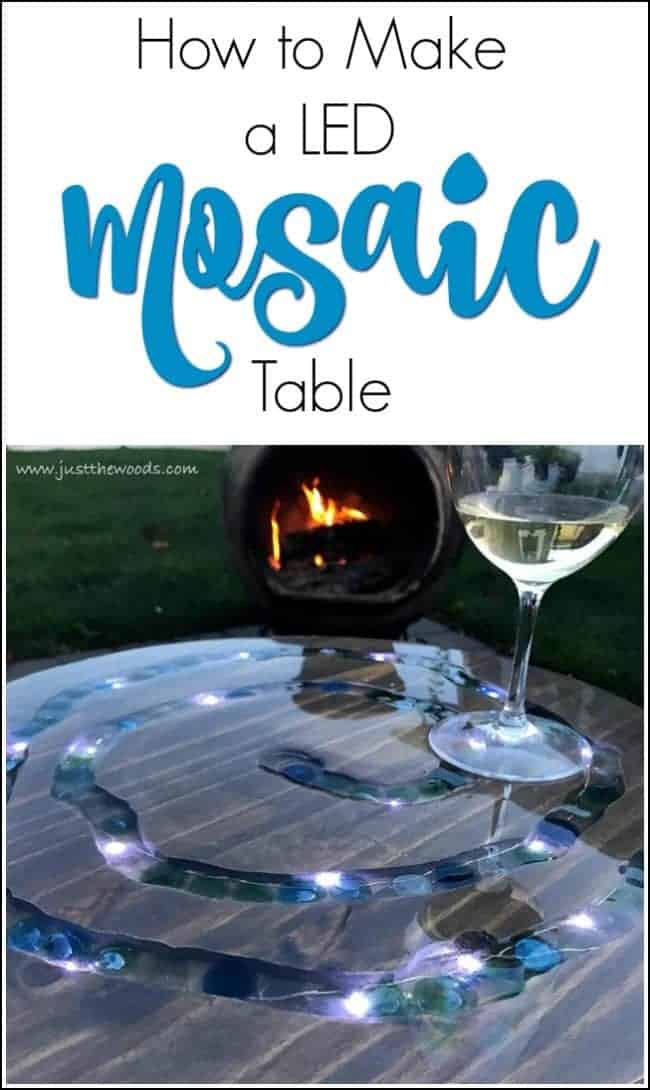 Make a mosaic table with glass gems and LED lights. With a router and string lights, you can make your own DIY mosaic outdoor table, sealed with epoxy glaze. See how to create a mosaic table top that lights up. #mosaictable #mosaicoutdoortable #mosaicpatiotable #diymosaictable