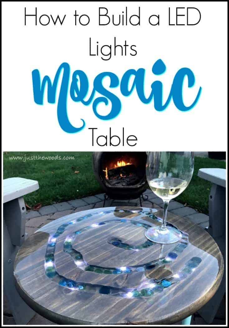 Make a mosaic table with glass gems and LED lights. With a router and string lights, you can make your own DIY mosaic outdoor table, sealed with epoxy glaze. See how to create a mosaic table top that lights up. #mosaictable #mosaicoutdoortable #mosaicpatiotable #diymosaictable