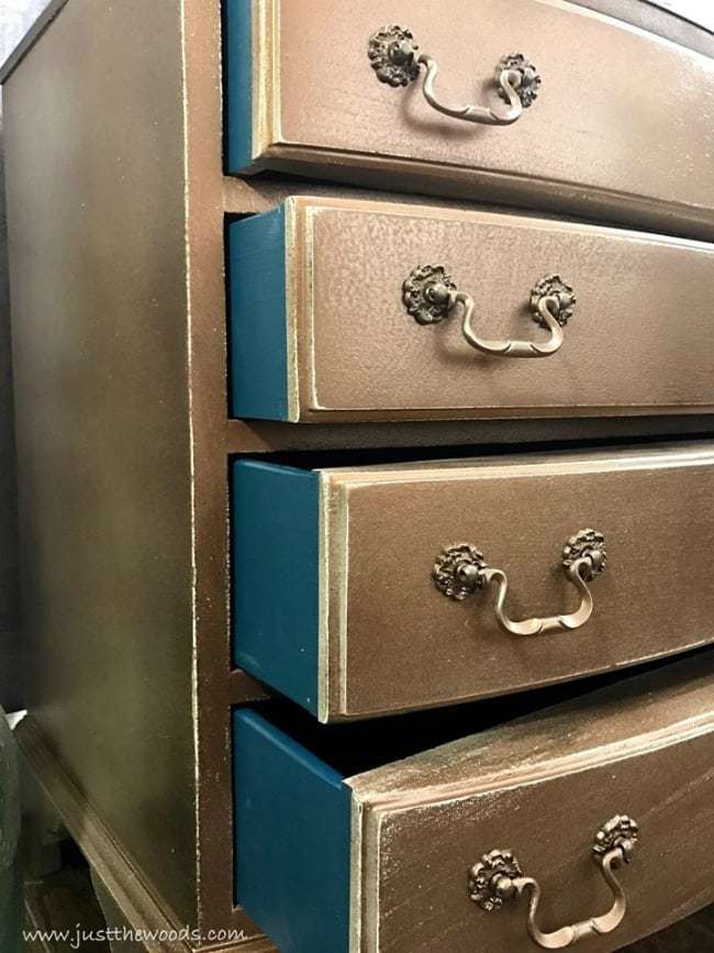 metallic painted furniture ideas, glazed, bronze, pop of color, bold teal painted drawers