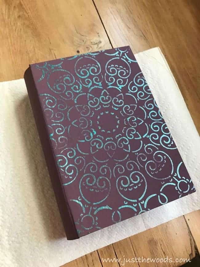 metallic stencil, iridescent, deco art, fake book, book box