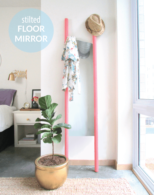 stilted mirror, floor mirror, diy mirror, highwater mirror, pink standing mirror