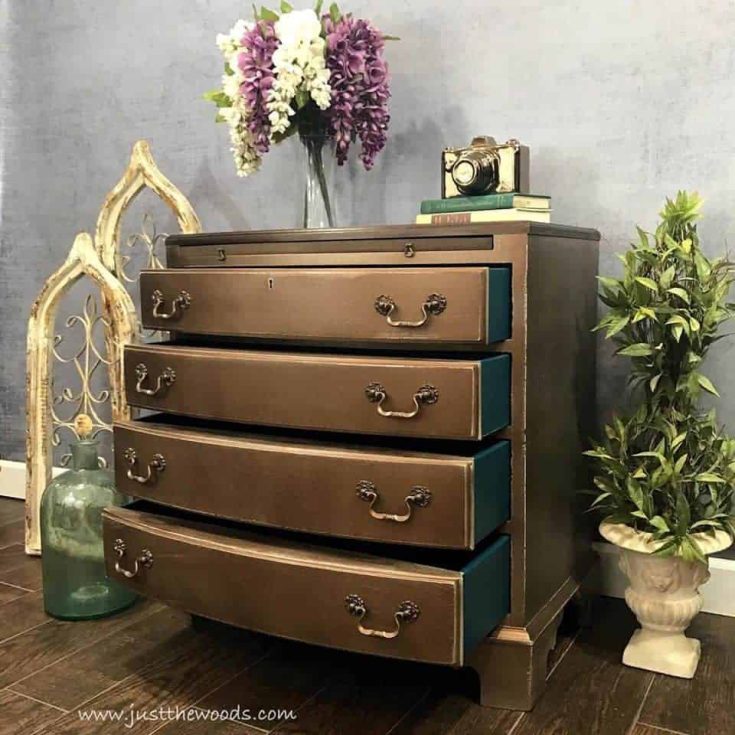 bronze painted chest, metallic chest of drawers, vintage chest, teal drawers, staten island, for sale, painted furniture
