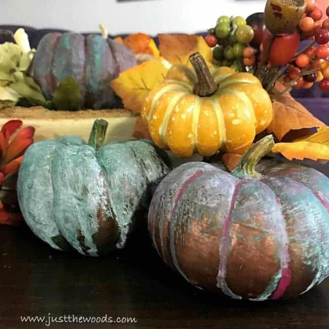 painted pumpkins, patina decor, metallic copper, fall decor