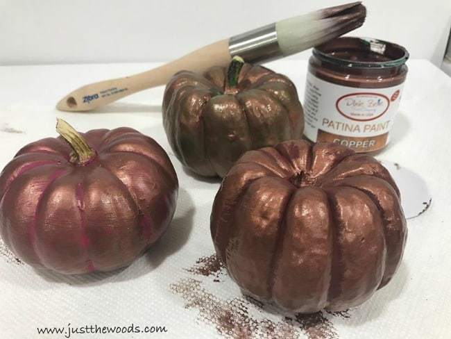 copper patina paint, painted pumpkins, copper pumpkins, fall decorations