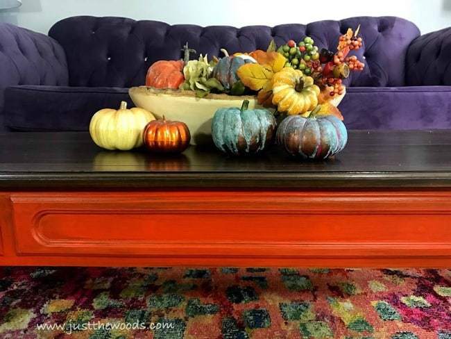 purple sofa, orange tables, colorful fall decor, autumn decor, tablescape