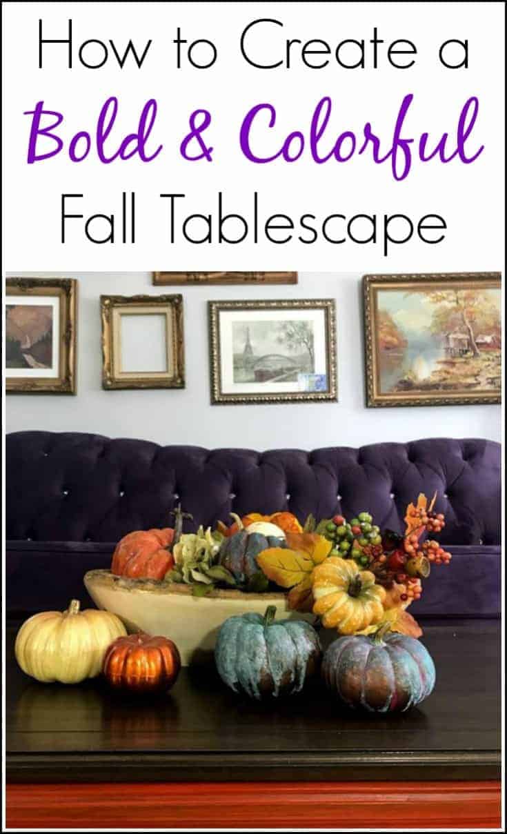 Need ideas for colorful fall decor and tablescapes? Create a bold & colorful Fall tablescape for your home. Paint pumpkins and add metallic paint with patina for a unique and fun addition to Autumn decor.