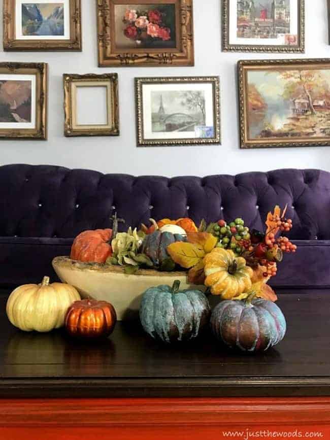 gallery wall, colorful fall tablescape, purple couch, autumn decorations