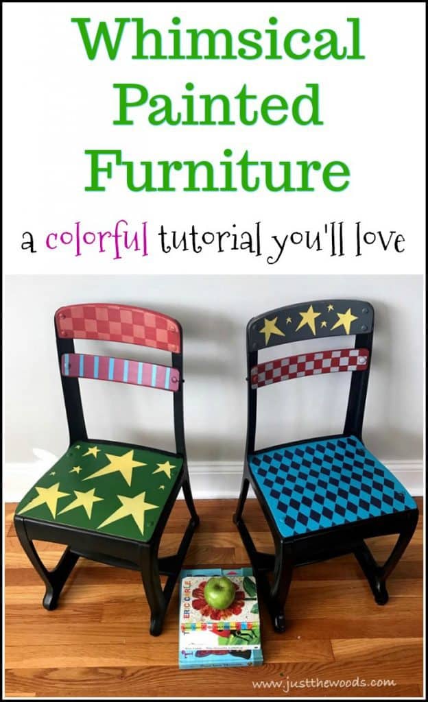 Whimsical painted furniture is bright, fun and colorful. The funky paint technique is great for these child size vintage school chair makeovers. Whimsically painted chairs are perfect for a kindergarten classroom. #Paintedfurniture #whimsicalpaintedfurniture #paintedchairs #paintedfurniturebeforeandafter #colorfulpaintedfurniture #paintedfurnitureideas #whimsicalfurniture #stenciledfurniture