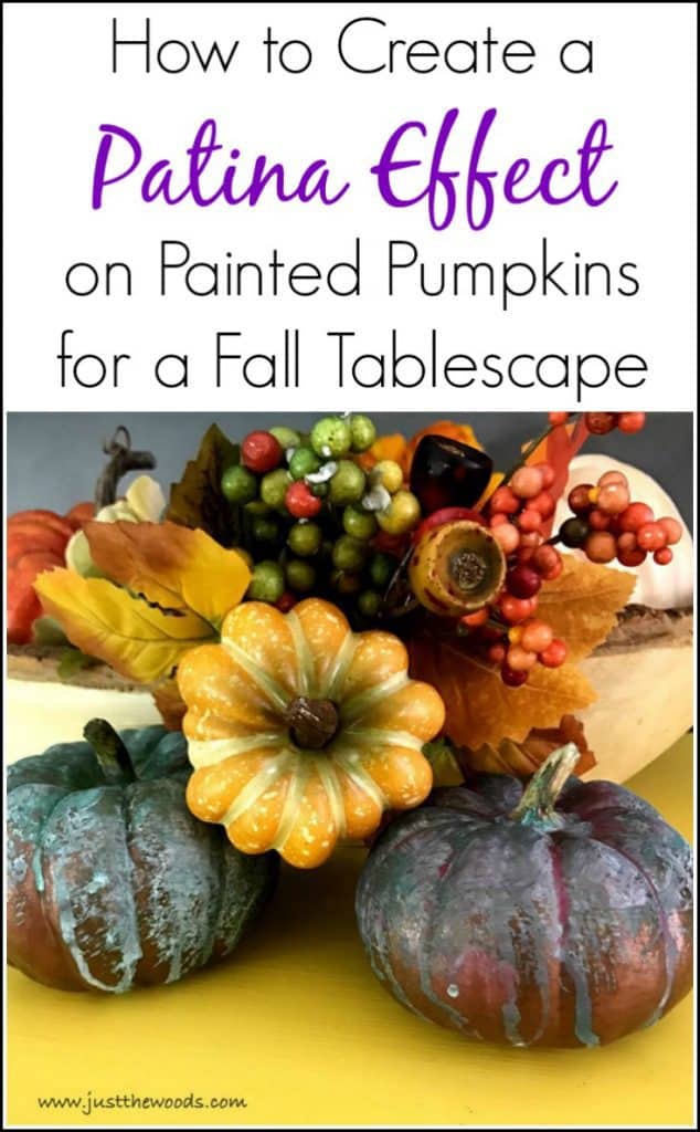 patina effect, painted pumpkins, tablescape, fall decor