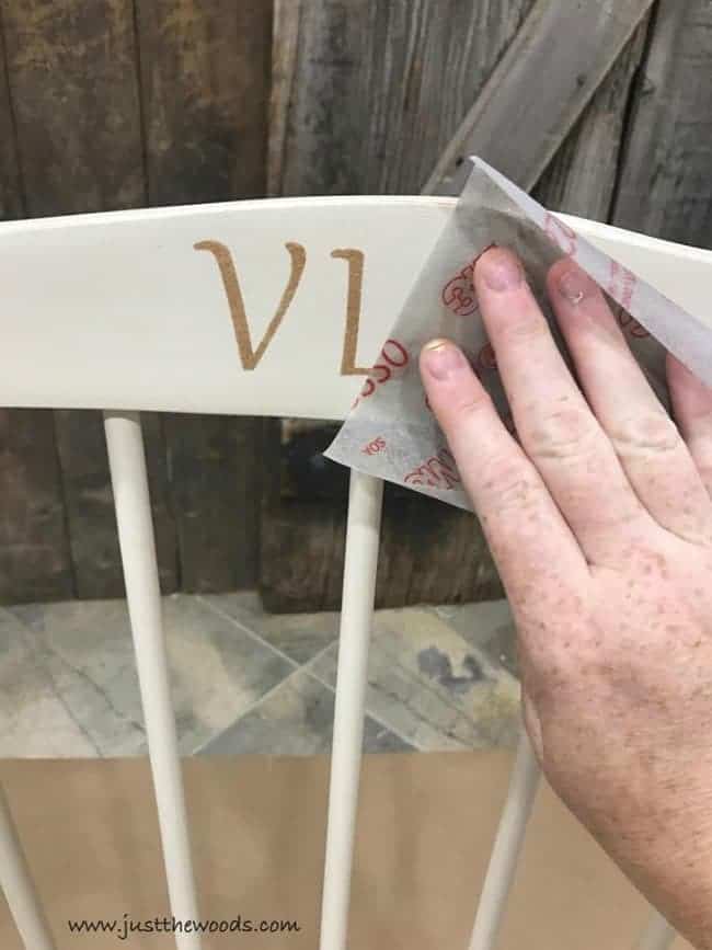 sandpaper, stenciled initials, rocking chair