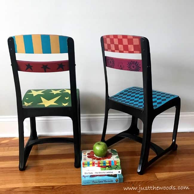 checker stencil on painted furniture, whimsical, painted chairs