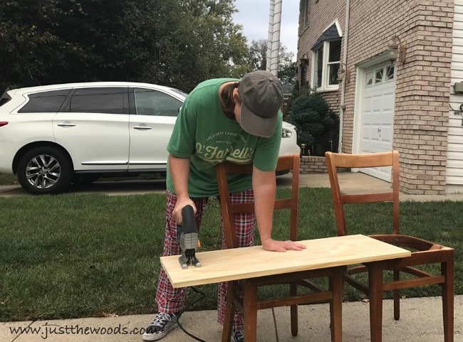 make a bench, bench from chairs, repurpose chairs to build bench