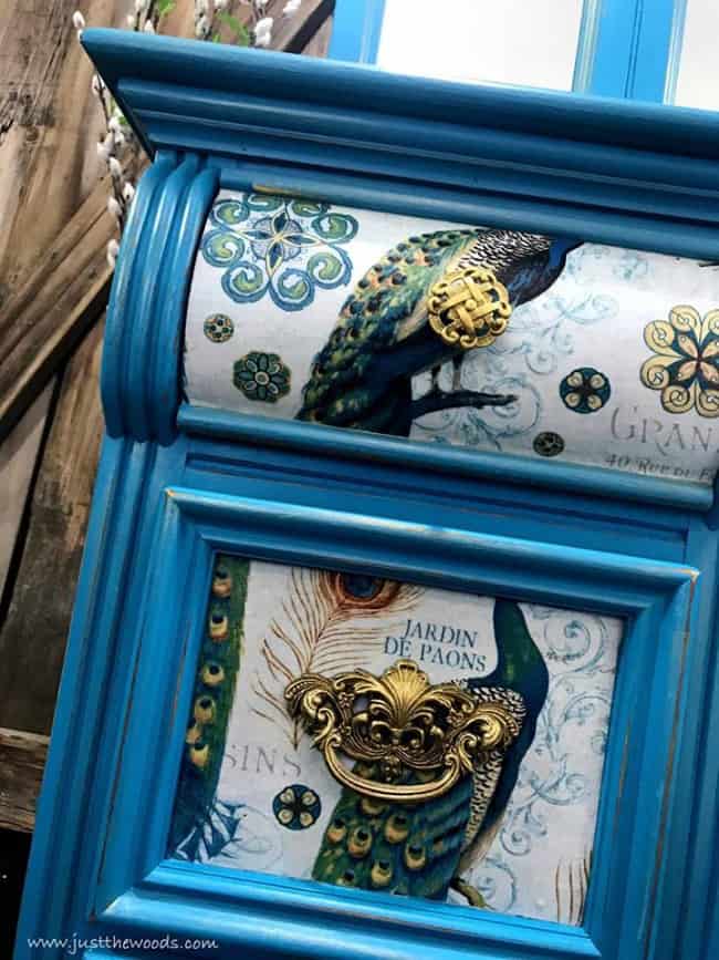 fabric on drawers, decoupage furniture, decoupage wood drawers, peacock fabric, peacock furniture