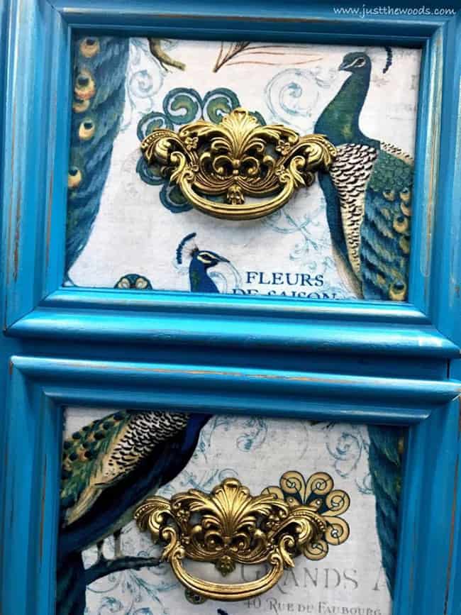 How to Paint and Decoupage Furniture by Just the Woods gold painted hardware, how to paint hardware, ornate hardware on decoupaged drawers